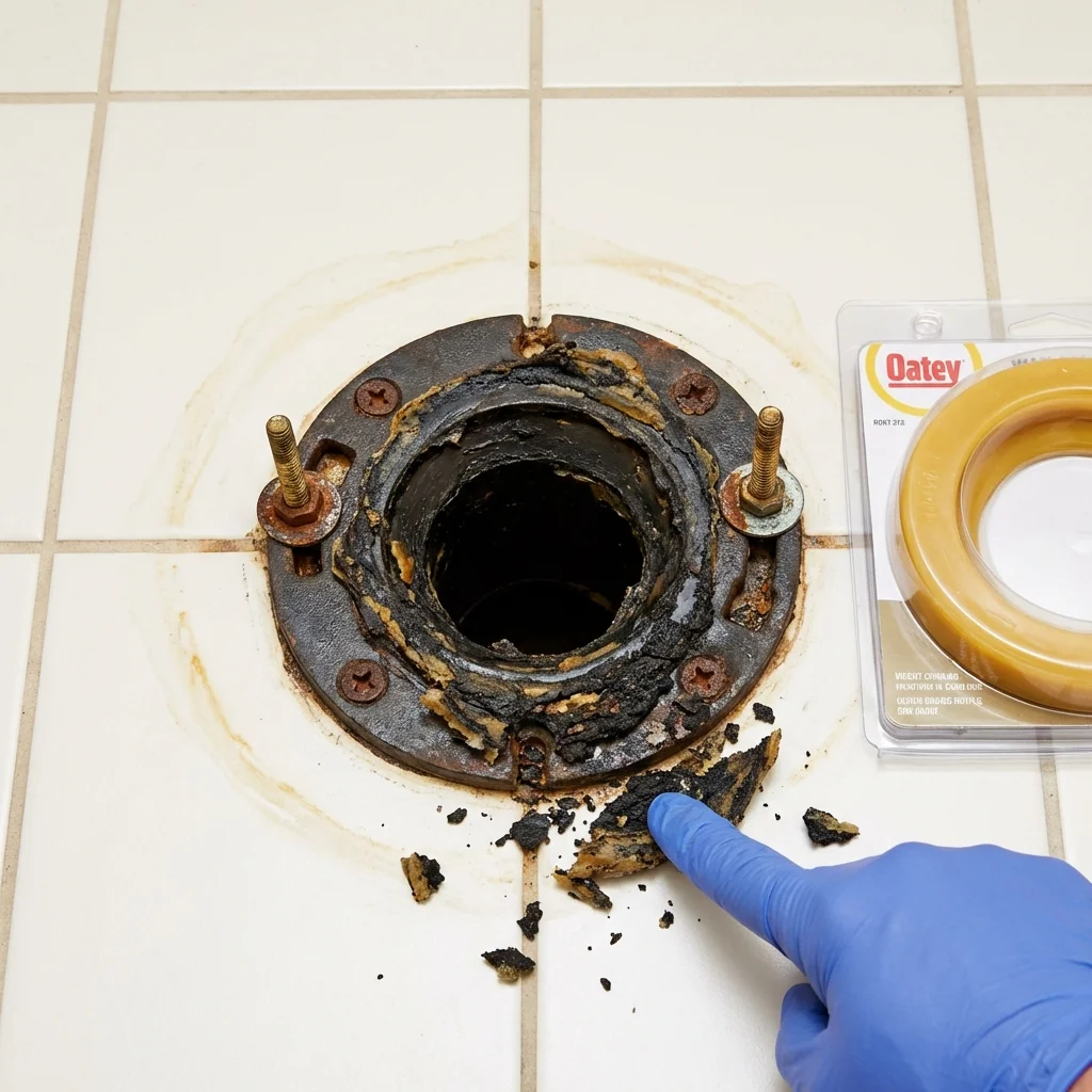 Failed wax ring showing water seepage at the base of a toilet in a Osseo, MN home